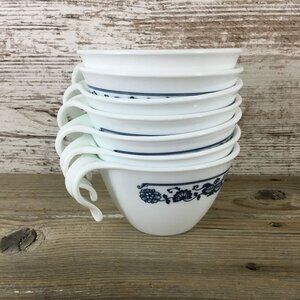 Corelle Blue Onion Hook Handle Cups Set Of 7 - Vintage White & Blue Floral Patte